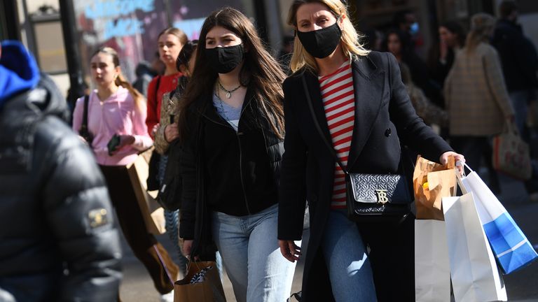 Shoppers on Regents Street, London, as England takes another step back towards normality with the further easing of lockdown restrictions. Picture date: Monday April 12, 2021.