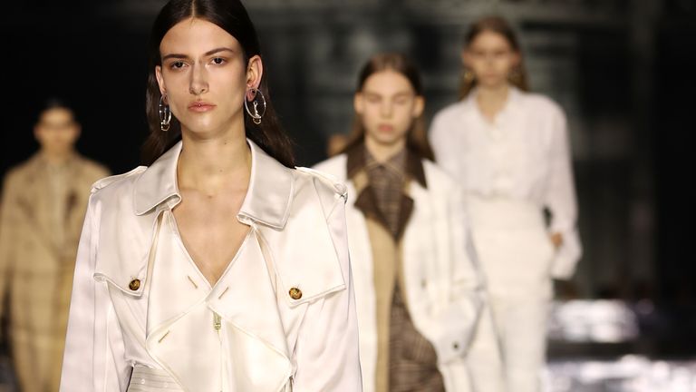 A model on the catwalk during the Burberry show at London Fashion Week February 2020, held at Olympia National, London. PA Photo. Picture date: Monday February 17, 2020. See PA Story SHOWBIZ Burberry. Photo credit should read: Aaron Chown/PA Wire.