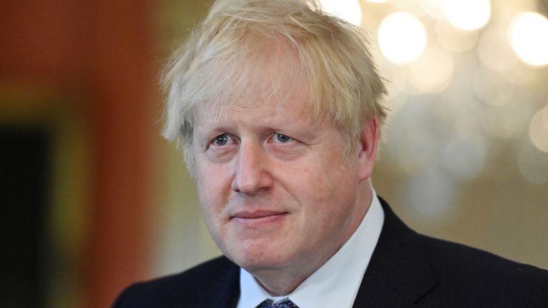 Britain's Prime Minister Boris Johnson attends a news conference following a meeting with NATO Secretary-General Jens Stoltenberg (not seen) at Downing Street in London, Britain June 2, 2021. Justin Tallis/Pool vi REUTERS
