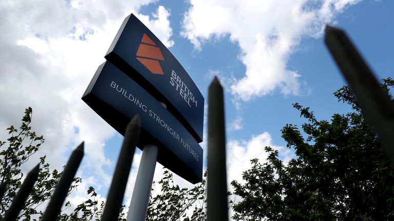 British Steel works sign is seen in Scunthorpe