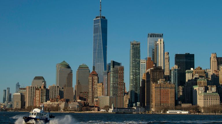 March12, 2021: An NYPD boat patrols the Hudson River in lower Manhattan, New York. Mandatory credit: Kostas Lymperopoulos/CSM via AP