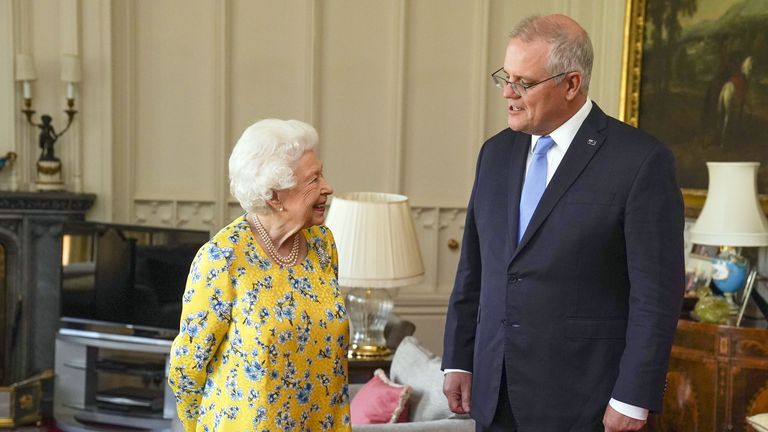 The Queen receives Australian Prime Minister Scott Morrison during an audience in the Oak Room at Windsor Castle