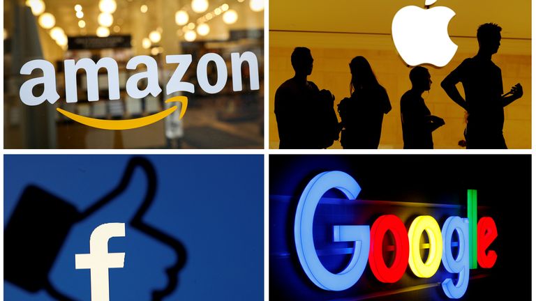 FILE PHOTO: The logos of Amazon Apple Facebook and Google