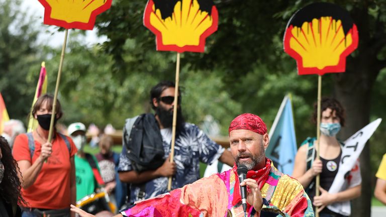 Extinction Rebellion protesters demonstrate outside the Shell Centre, London 8/9/2020