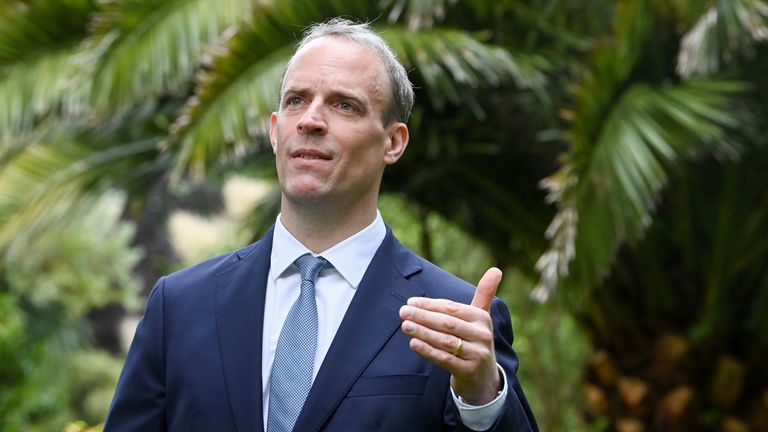 Britain's Foreign Secretary Dominic Raab gestures during an interview with Reuters on the sidelines of G7 summit in Carbis Bay, Cornwall