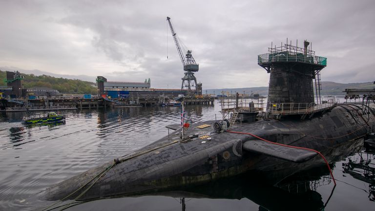 HMS Vigilant at HM Naval Base Clyde, Faslane, the Vanguard-class submarine carries the UK's Trident nuclear deterrent. 29/4/2019