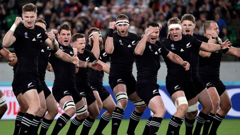 FILE - In this Nov. 1, 2019, file photo New Zealand players perform the haka before the Rugby World Cup bronze final game at Tokyo Stadium in Tokyo, Japan. New Zealand Rugby will face a momentous decision on the future of the All Blacks at its annual meeting Thursday, April 29, 2021, when it debates whether to sell a stake in the commercial value of the national team to American investors. (AP Photo/Aaron Favila. FILE)