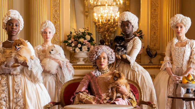 Bridgerton presents Queen Charlotte as England's first mixed race queen, played by Golda Rosheuvel. Pic: Netflix