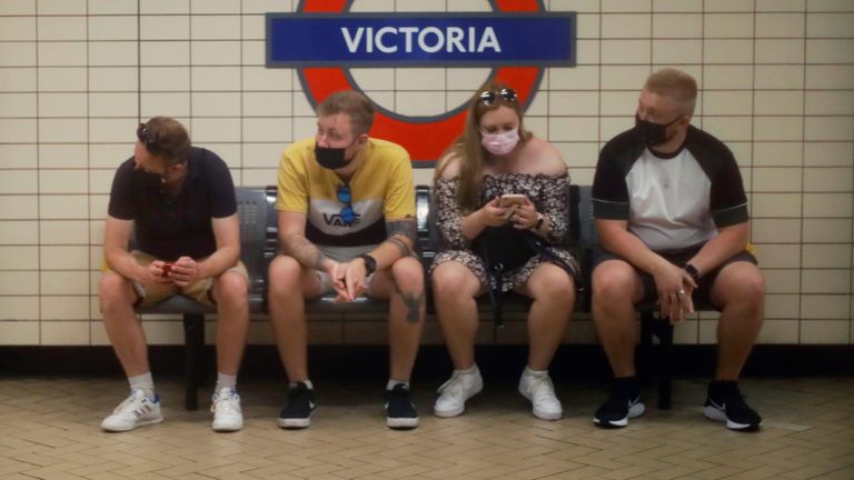 People wear face masks while waiting for subway at Victoria Station in London, United Kingdom on June 23, 2021, amid a pandemic of the new coronavirus COVID-19.  ( The Yomiuri Shimbun via AP Images )