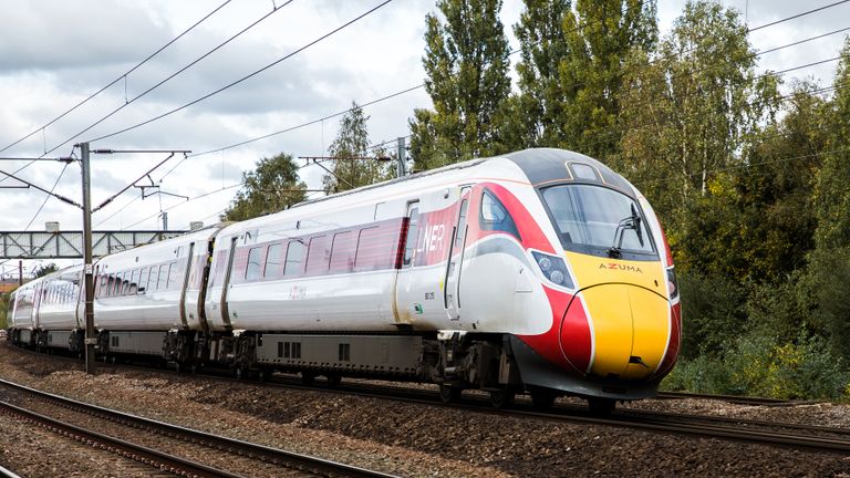 Doncaster, UK - October 15, 2020. A Hitachi Azuma Class 800 diesel electric passenger train on the east Coast Main Line