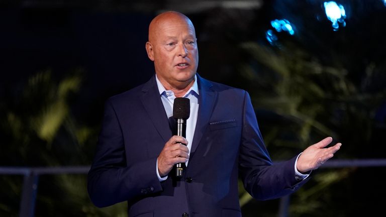 Disney CEO Bob Chapek speaks at the Avengers Campus dedication ceremony at Disney's California Adventure Park on Wednesday, June 2, 2021, in Anaheim, Calif. (AP Photo/Chris Pizzello)