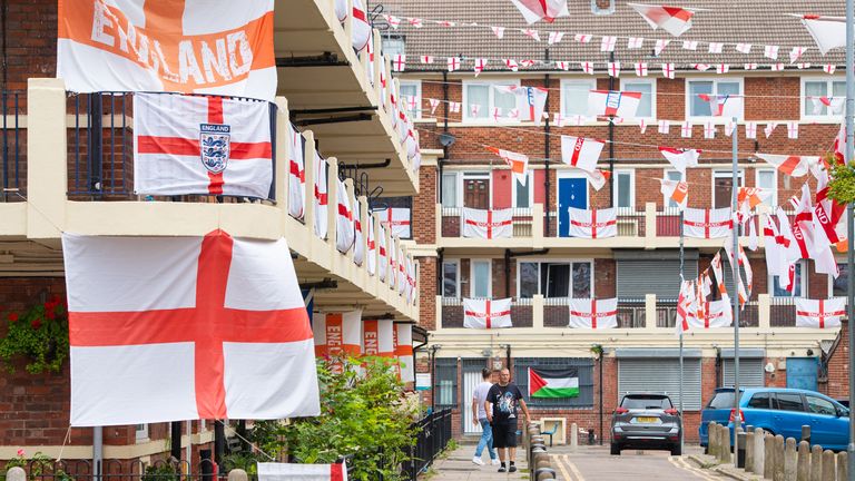 The Kirby Estate, in Bermondsey, south London, is decorated with England flags