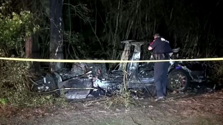 Two men died after a Tesla vehicle, which was believed to be operating without anyone in the driver's seat, crashed into a tree on April 17 north of Houston. Pic: Scott J Engle