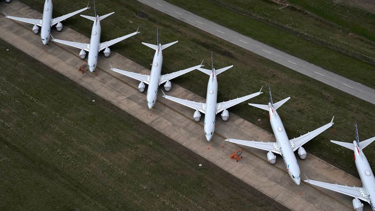 American Airlines 737 max passenger planes are parked on the tarmac at Tulsa International Airport in Tulsa, Oklahoma, U.S. March 23, 2020