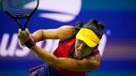 Emma Raducanu of Great Britain hits a backhand against Maria Sakkari of Greece on day eleven of the U.S. Open tennis 