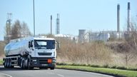 Petrol Tankers leave Stanlow Oil refinery, Ellesmere port, Cheshire