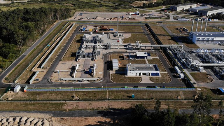 The two onshore pipe exits of the Baltic Sea pipeline Nord Stream 2 are pictured at the landfall facility in Lubmin, Germany, September 10, 2020. Picture taken with a drone.  REUTERS/Hannibal Hanschke