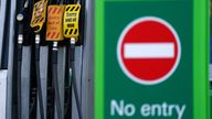 A sign on fuel pumps showing no petrol available at a BP garage in Grangemouth