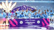 File photo dated 23-05-2021 of Manchester City players celebrate with the trophy after the final whistle in the Premier League match at the Etihad Stadium, Manchester. Issue date: Wednesday May 26, 2021.