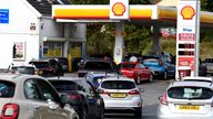 Cars queue up at a petrol and diesel filling station, Begelly, Pembrokeshire, Wales, Britain, September 24, 2021. REUTERS/Rebecca Naden