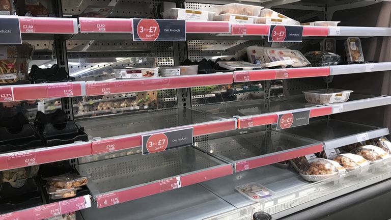 Empty shelves at a Marks & Spencer's store on the Lisburn Road in Belfast, with retailers 'experiencing some disruption after Brexit' and Marks and Spencer has temporarily withdrawn a small proportion of product lines to ensure its delivery lorries are not turned away at ports.