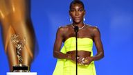 Michaela Coel accepts the award for outstanding writing for a limited or anthology series or movie for I May Destroy You at the Emmys in 2021. Pic: Phil McCarten/Invision/ Television Academy/AP


