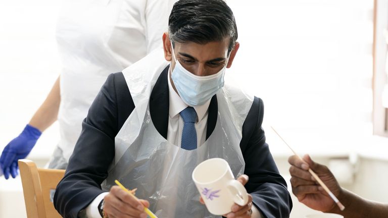 Chancellor of the Exchequer Rishi Sunak paints a mug during a visit to Westport Care Home in Stepney Green, east London, ahead of unveiling his long-awaited plan to fix the broken social care system. Picture date: Tuesday September 7, 2021.
 Paul Edwards/The Sun/PA Wire/PA Images