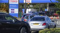 Cars queue at Tesco near Stanwell, Middlesex 