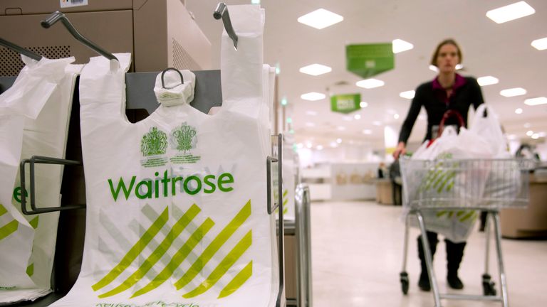 A shopper passes by branded bags in the Canary Wharf store of Waitrose in London. Reuters