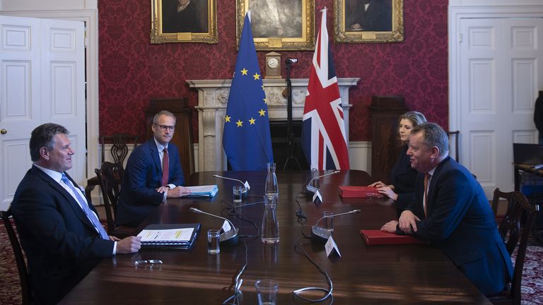 Brexit minister Lord Frost, flanked by Paymaster General Penny Mordaunt, sitting opposite European Commission vice president Maros Sefcovic, who is flanked by Principal Adviser, Service for the EU-UK Agreements (UKS) Richard Szostak, as he chairs the first EU-UK partnership council at Admiralty House in London