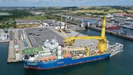 The Russian pipe-laying vessel Akademik Cherskiy, which may be used to complete the construction of the Nord Stream 2 gas pipeline, lies in the port of Mukran, Germany, July 7, 2020. REUTERS/Axel Schmidt