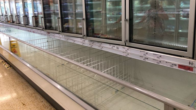 An empty freezer section at a Sainsbury's supermarket in Durham