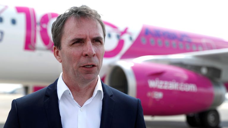 FILE PHOTO: CEO of Wizz Air, Jozsef Varadi, speaks during the unveiling ceremony for the 100th plane in its fleet, at Budapest Airport, Hungary, June 4, 2018. REUTERS/Bernadett Szabo/File Photo