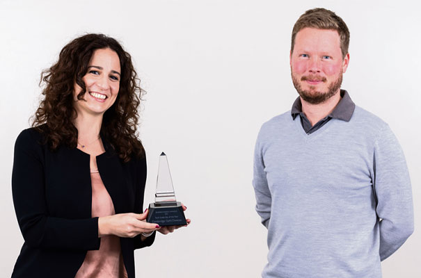 Andrew Baker-Campbell of TTP presents the Tech Scale-up of The Year award to Cambridge GaN Devices CEO and co-founder Giorgia Longobardi.