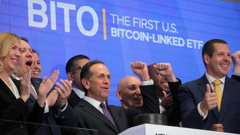 Michael Sapir, CEO of ProShares, rings the opening bell celebrating ProShares Bitcoin Strategy ETF trading as BITO on the NYSE Arca, at the New York Stock Exchange (NYSE) in New York City, U.S., October 19, 2021