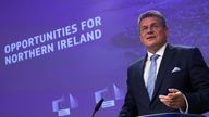 European Commission Vice President Maros Sefcovic addresses a news conference on a package of measures designed to ease the flow of goods from Britain to Northern Ireland, in Brussels, Belgium, October 13, 2021. REUTERS/Yves Herman
