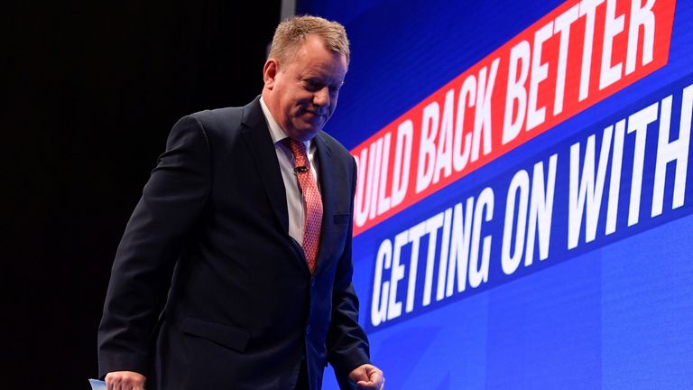 Britain's Minister of State Lord David Frost leaves the stage after delivering his speech on Brexit at the annual Conservative Party conference, in Manchester, Britain, October 4, 2021. REUTERS/Toby Melville
