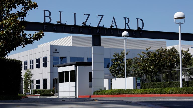 The entrance to the Activision Blizzard Inc. campus is shown in Irvine, California, U.S., August 6, 2019. REUTERS/Mike Blake