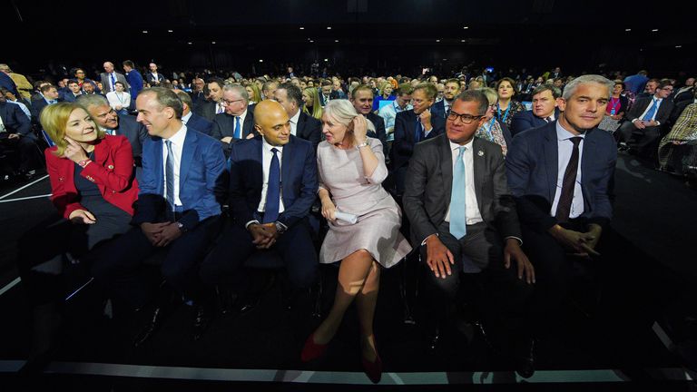 (left to right) Foreign Secretary Liz Truss, Lord Chancellor Dominic Raab, Health Secretary Sajid Javid, Culture Secretary Nadine Dorries, Cop26 President Alok Sharma, and Chief Secretary to the Treasury Stephen Barclay, await Prime Minister Boris Johnson's keynote speech at the Conservative Party Conference in Manchester. Picture date: Wednesday October 6, 2021.