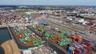 A view shows stacked shipping containers at the port of Felixstowe, Britain, October 13, 2021. Picture taken with a drone. REUTERS/Hannah McKay
