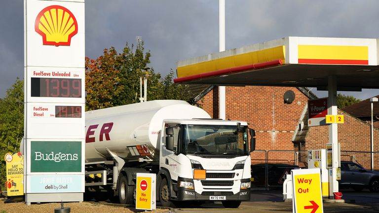 A Hoyer tanker makes a delivery at a Shell petrol station in Basingstoke, Hampshire. Picture date: Tuesday October 5, 2021.