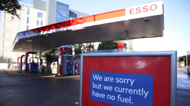 An Esso petrol station that has run out of fuel is pictured in London, Britain, October 4, 2021. REUTERS/Hannah McKay
