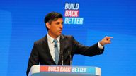 Britain's Chancellor of the Exchequer Rishi Sunak delivers a speech during the annual Conservative Party Conference, in Manchester, Britain, October 4, 2021. REUTERS/Toby Melville
