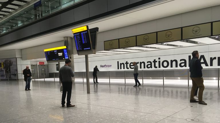 The empty arrivals concourse at Terminal 5 of Heathrow airport, London, as people wait for the arrival of an incoming flight from Sydney via Singapore, as the UK continues in lockdown to help curb the spread of the coronavirus.