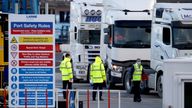 People inspect lorries which arrived at the Port of Larne, Northern Ireland Britain January 1, 2021. REUTERS/Phil Noble