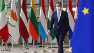 Poland's Prime Minister Mateusz Morawiecki arriving for an EU summit in Brussels