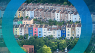 Colourful houses in Hotwells in the city of Bristol seen from above during the first mass ascent, where balloons from all over the world gather at Ashton Court, Bristol, to take part in the Bristol International Balloon Fiesta.