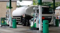 A fuel tanker is parked during a fuel delivery to a BP filling station in Hersham, Britain, September 30, 2021. REUTERS/Peter Nicholls