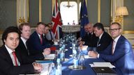 Brexit Minister Lord Frost (third left) and European Commission Vice President Maros Sefcovic (second right) during talks to improve post-Brexit border rules at Lancaster House, in Westminster, central London. Picture date: Friday October 29, 2021.
