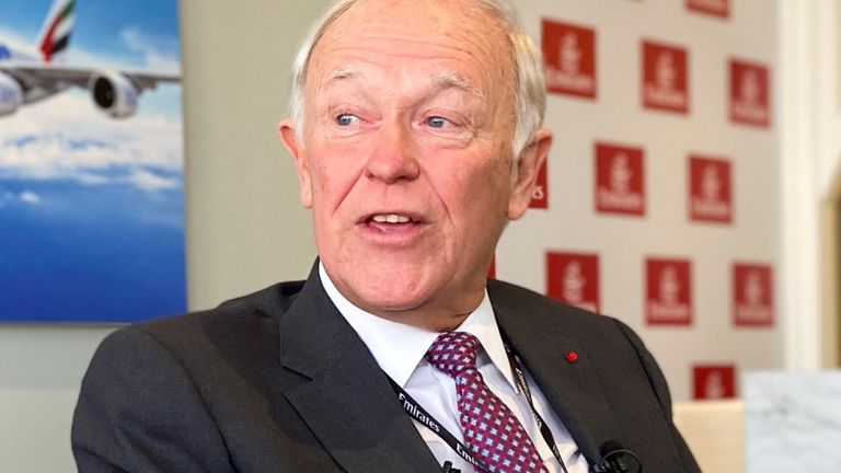 FILE PHOTO: Emirates airline President Tim Clark talks to reporters at the Dubai Airshow, in Dubai, United Arab Emirates, November 16, 2021. 